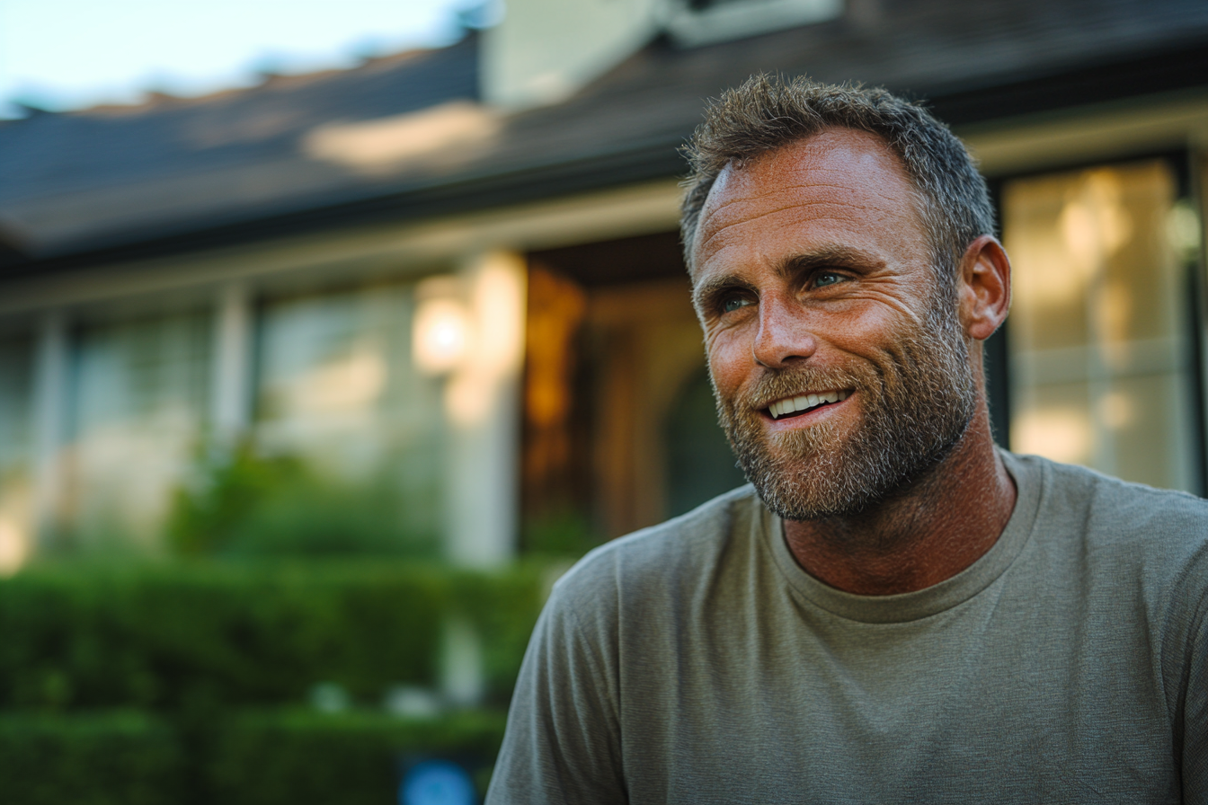 A man standing outside his house, smiling | Source: Midjourney