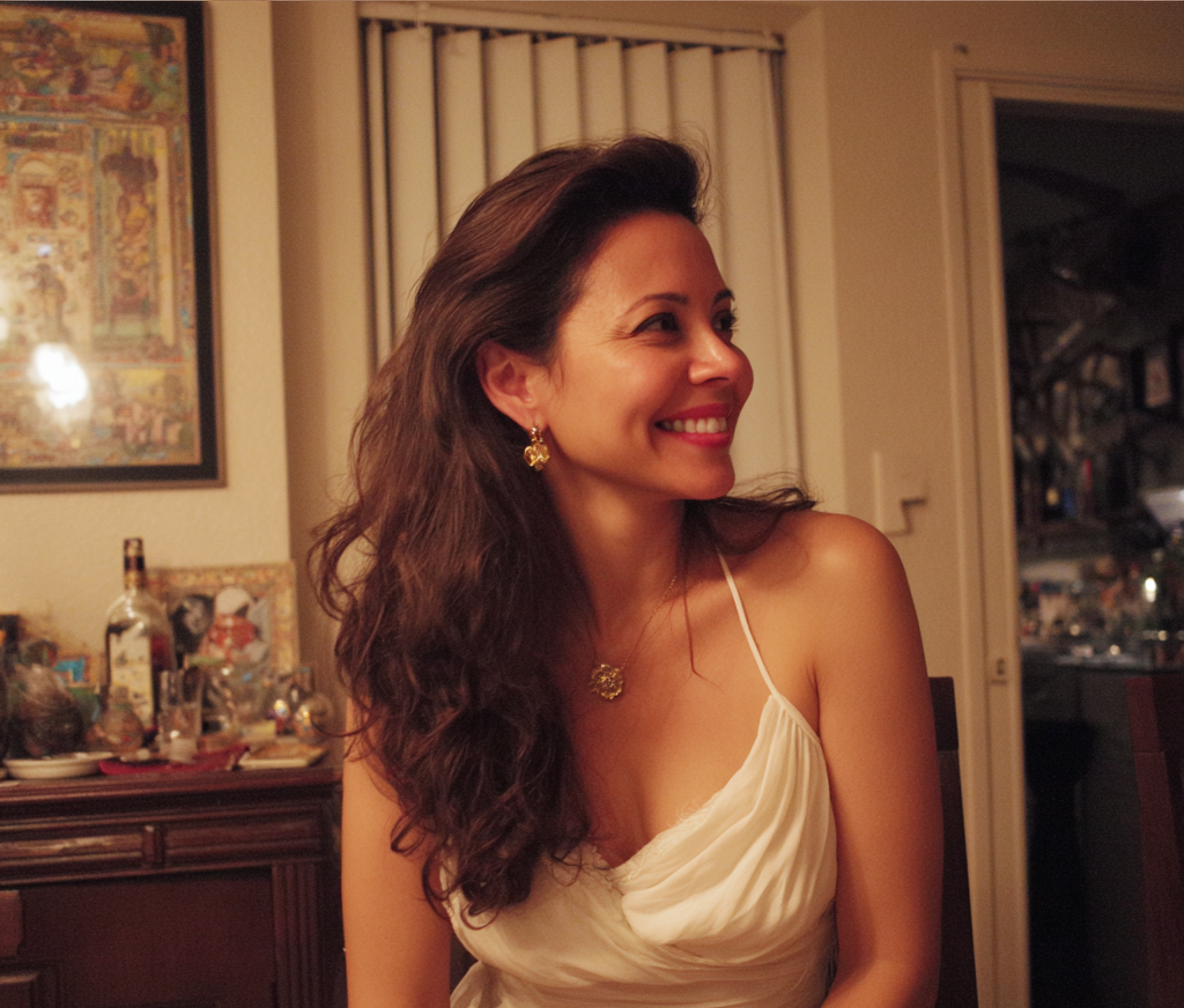 An amused woman sitting at a table | Source: Midjourney