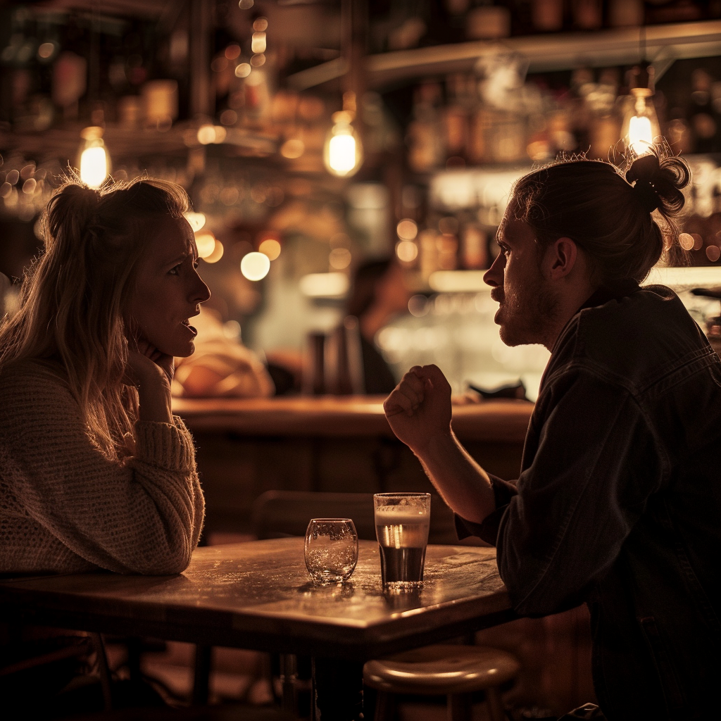 A couple arguing at a bar | Source: Midjourney