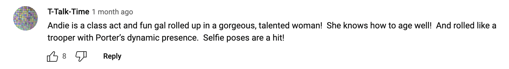 A fan's comment on Andie MacDowell's look while being interviewed on "The Late Late Show with James Corden" on January 25, 2023 | Source: YouTube/The Late Late Show with James Corden