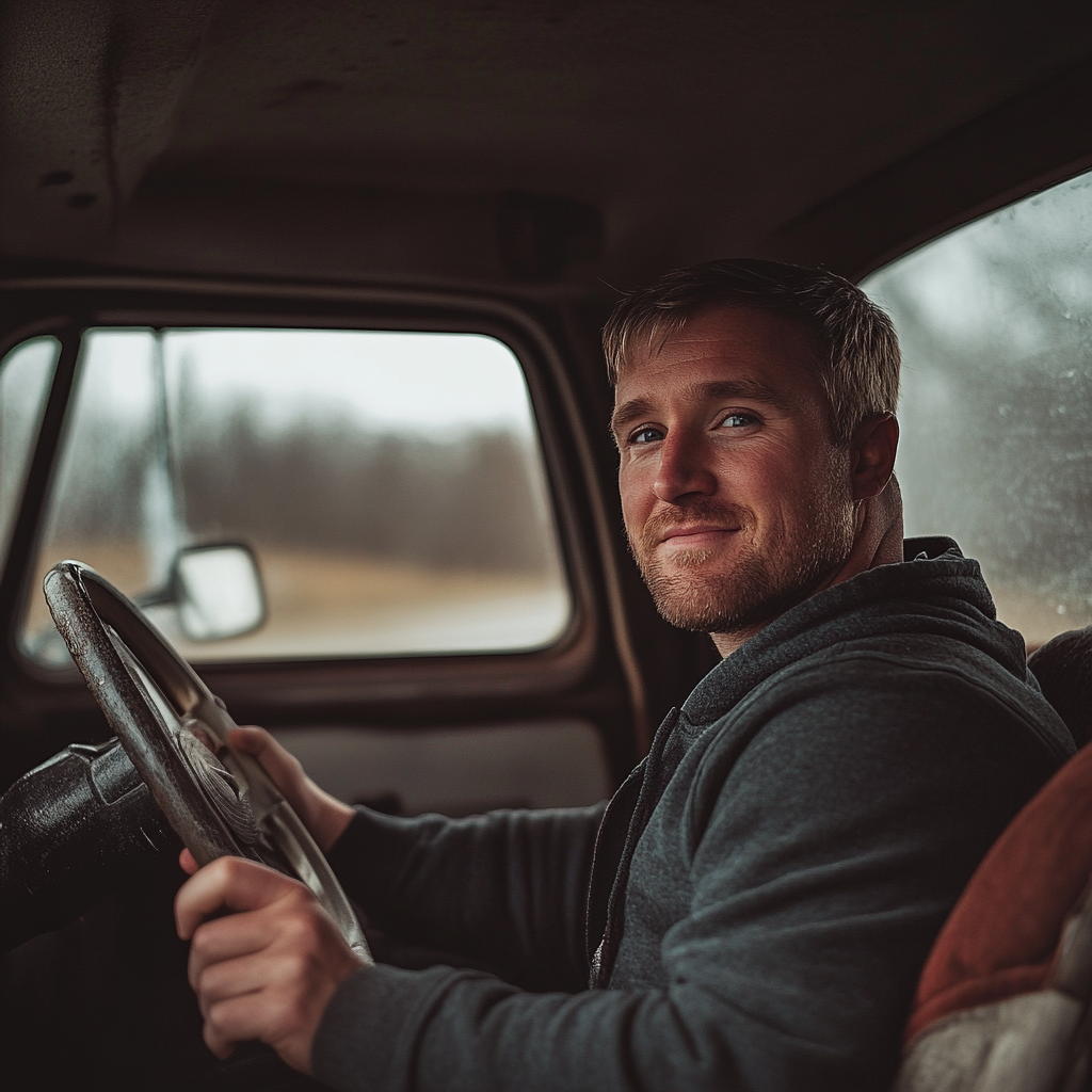 A man driving his truck and smiling | Source: Midjourney