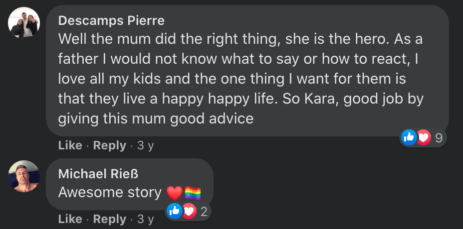 Internetnutzer reagieren auf eine Mutter, die eine Schwulenbar um Rat anrief, nachdem ihr Sohn sich geoutet hatte | Quelle: Facebook/Kara Coley