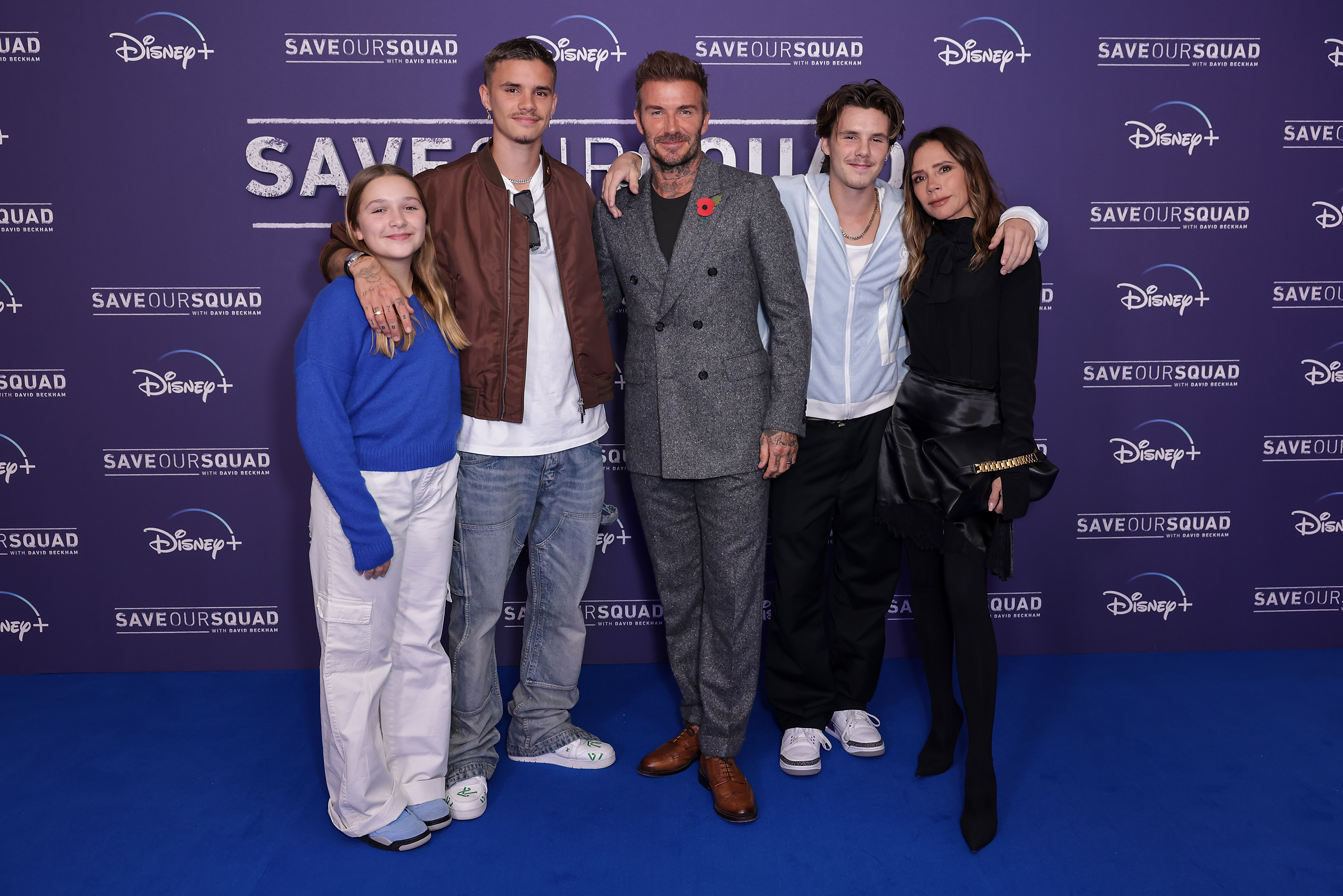 (L to R) Harper Beckham, Romeo Beckham, David Beckham, Cruz Beckham and Victoria Beckham attend exclusive screening event for the Disney series "Save Our Squad with David Bechkham" at Odeon Luxe West End on November 1, 2022 in London, England | Source: Getty Images