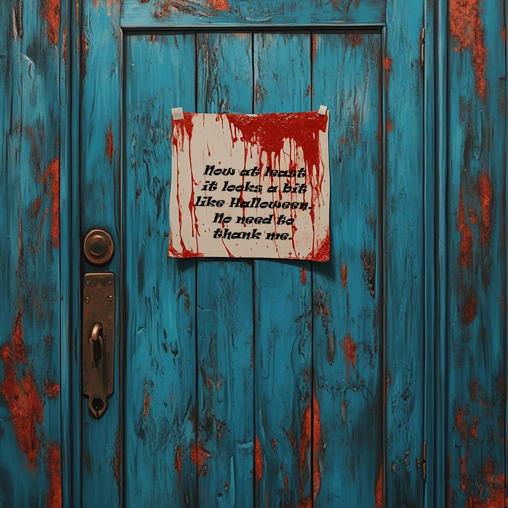 A door with a note smeared in tomato pulp | Source: Midjourney