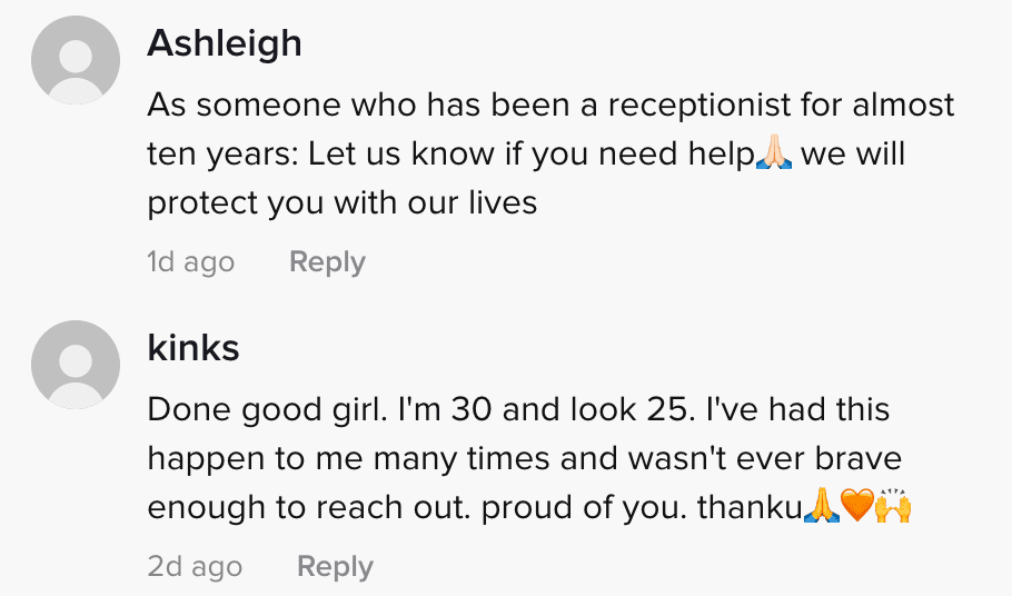 Commenters react to a woman who shared that a receptionist helped her when a stranger was harassing her while she was at the dentist | Photo: TikTok/andreaelena66