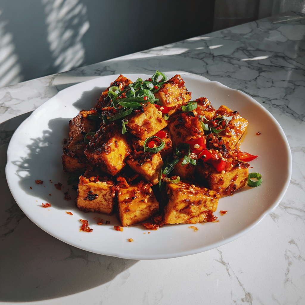 A plate of chili tofu | Source: Midjourney