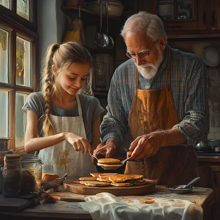 A grandfather and teenage girl making pancakes | Source: Midjourney