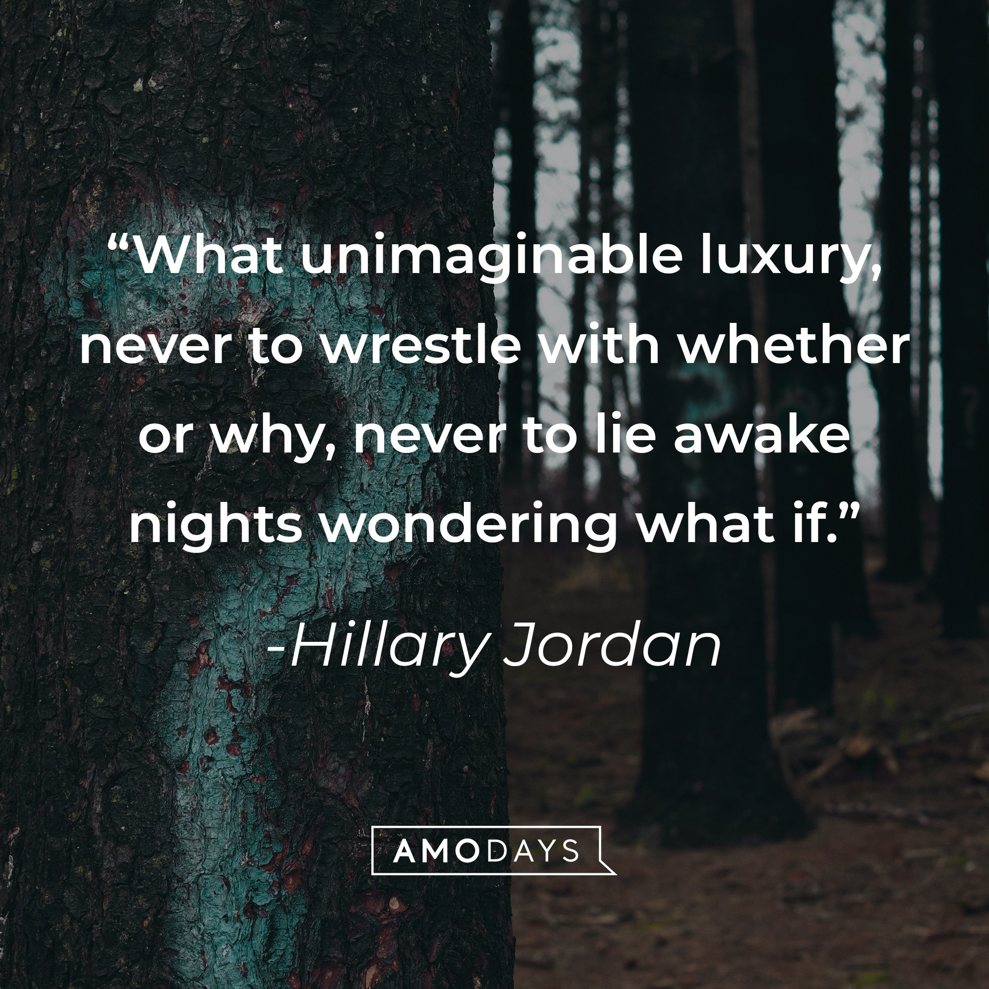 Hillary Jordan's quote: "What unimaginable luxury, never to wrestle with whether or why, never to lie awake nights wondering what if." | Image: AmoDays
