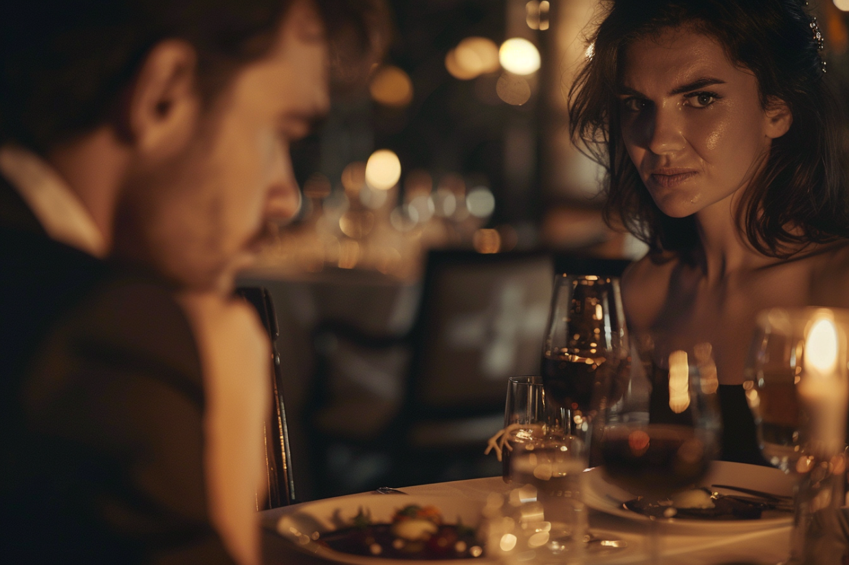 A woman looking straight ahead while having dinner with her family | Source: Midjourney