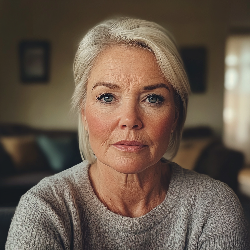 A serious woman in her living room | Source: Midjourney