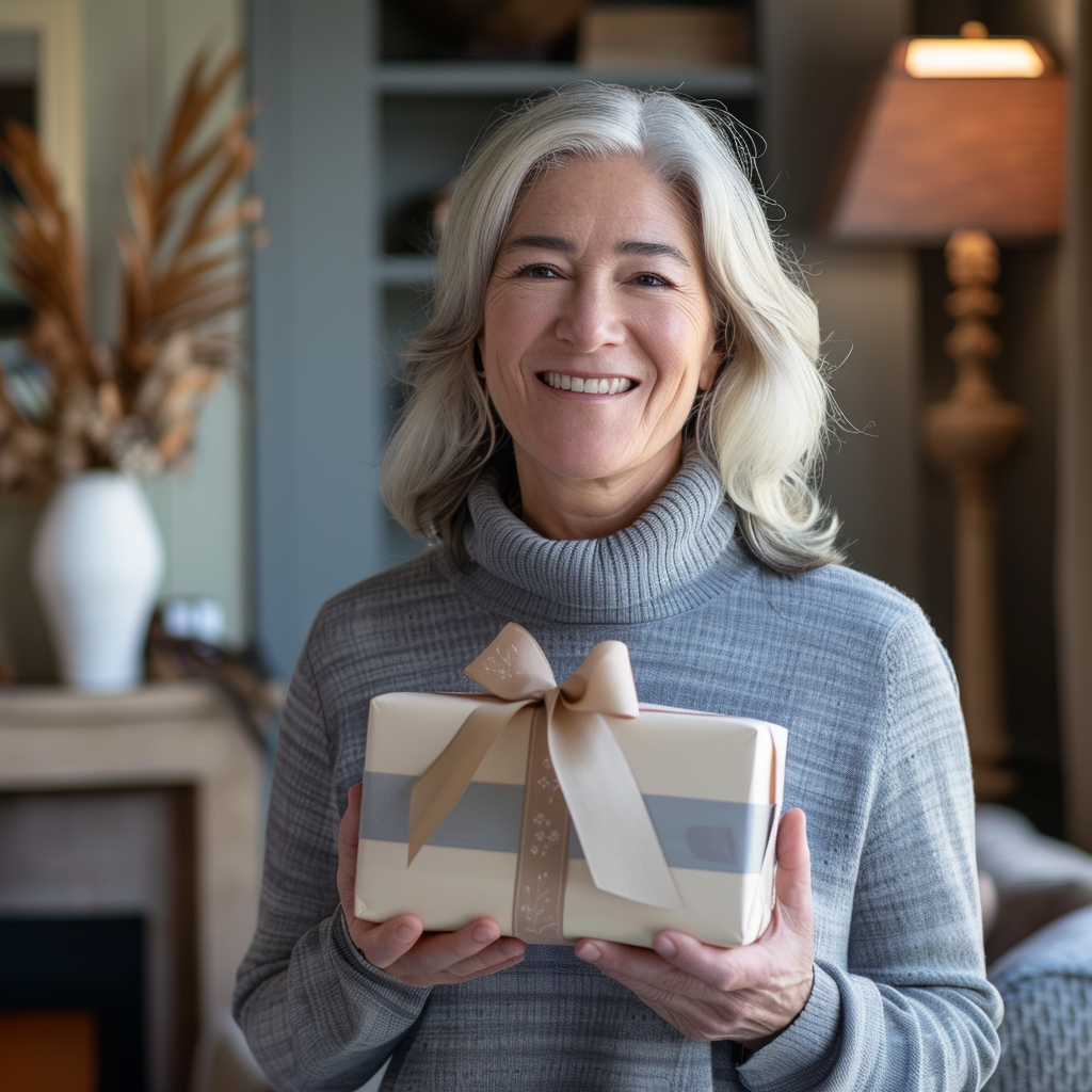 A smiling older woman holding a gift box | Source: Midjourney