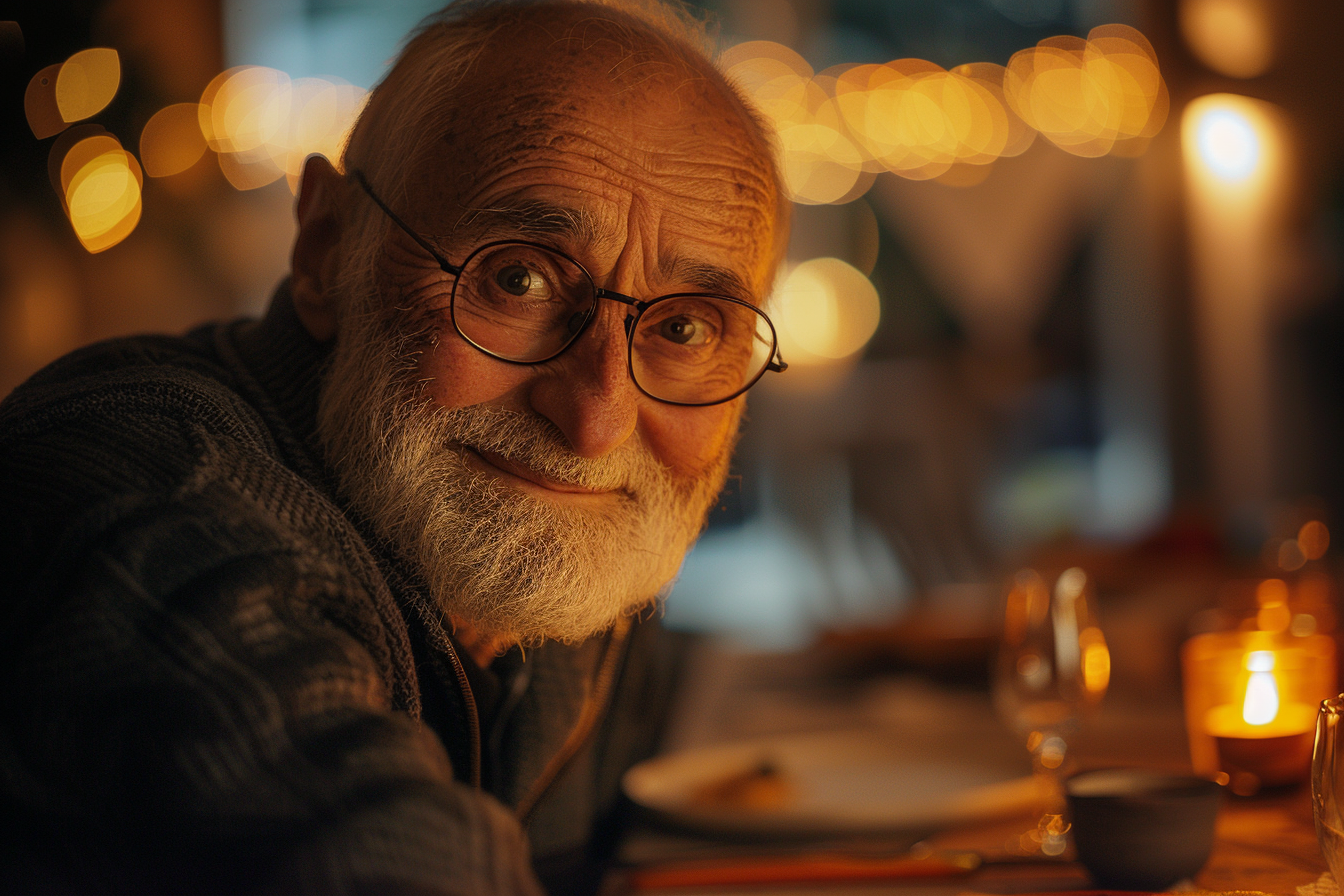 A man smiling at the dinner table | Source: Midjourney