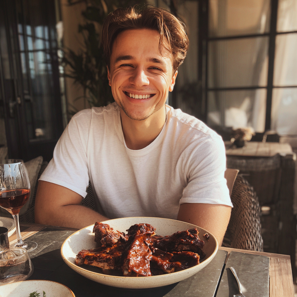 A smiling young man sitting at a table | Source: Midjourney