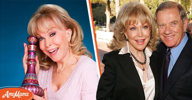 Actress Barbara Eden poses for a portrait in 2016[left] Barbara Eden and Jon Trusdale Eicholtz during Red Buttons "A Celebration of Life and Laughter" at The Century Club [right] | Photo: Getty Images