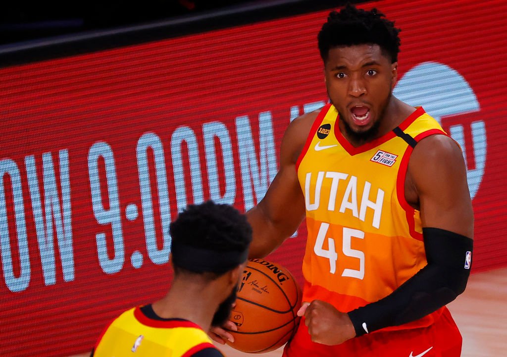 Donovan Mitchell #45 of the Utah Jazz celebrates a win against the Denver Nuggets on August 23, 2020. | Photo: Getty Images