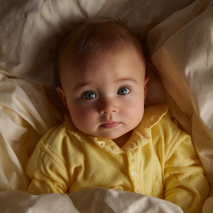 A baby girl in a yellow onesie | Source: Midjourney