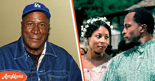 John Amos at the Chiller Theatre Expo on October 24, 2014, in Parsippany, New Jersey, and him on the set of "Roots" with Madge Sinclair in January 1977. | Source: Bobby Bank/WireImage & ABC Photo Archives/Disney General Entertainment Content/Getty Images