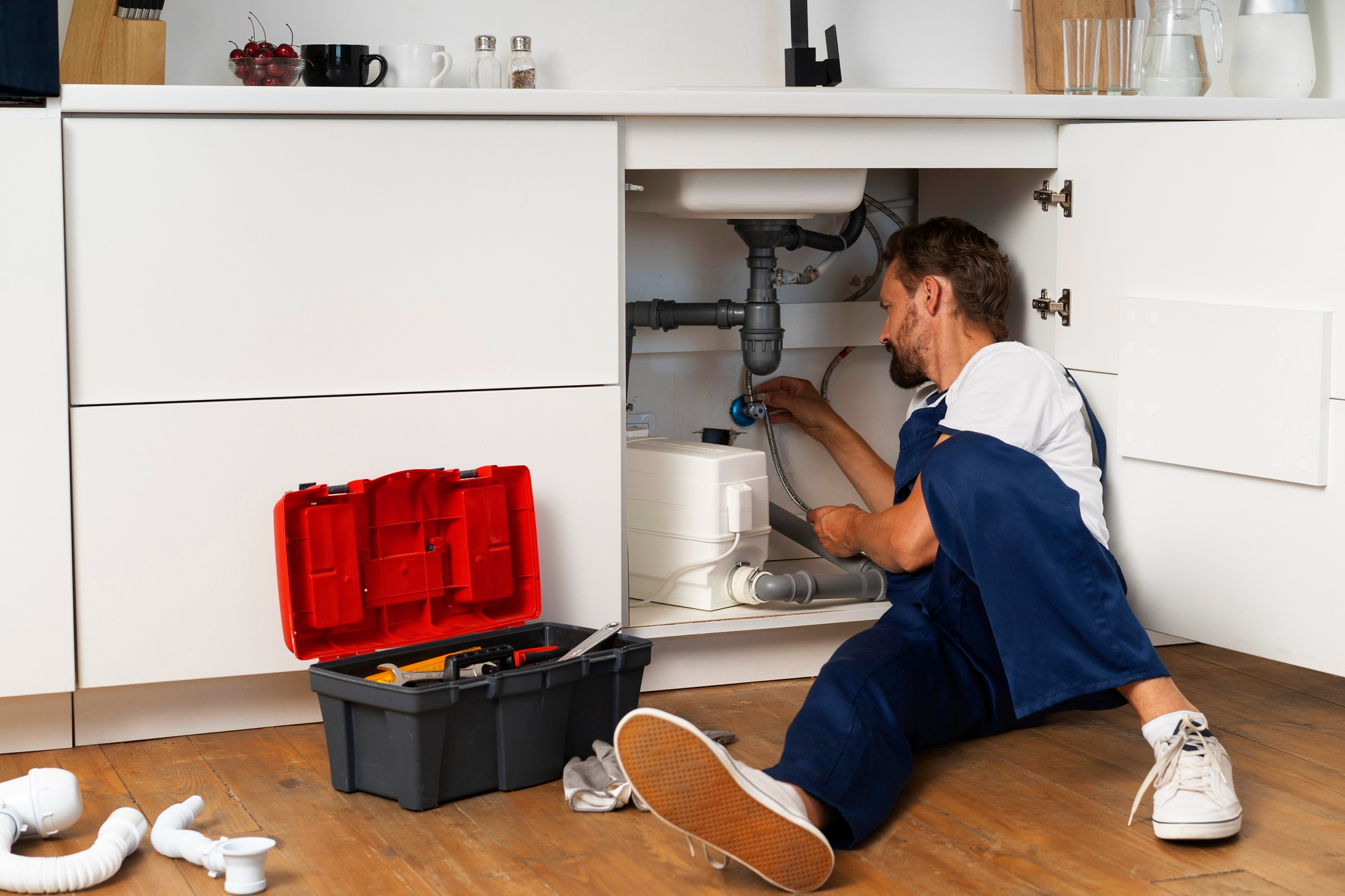 A plumber examining a kitchen drainpipe | Source: Freepik