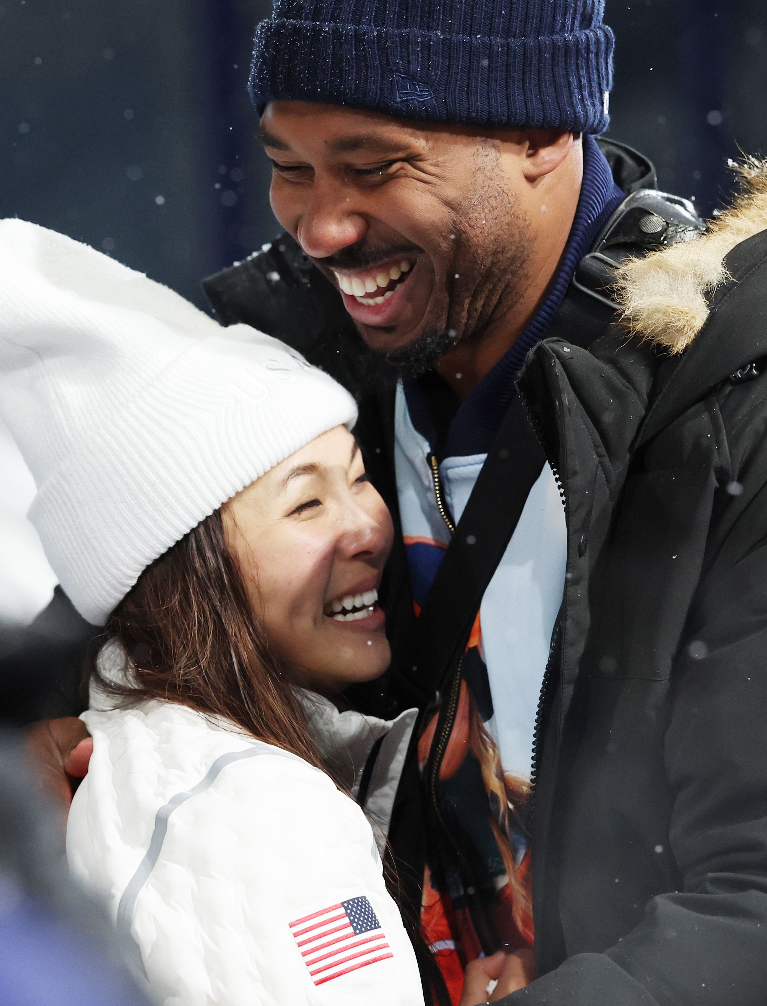 Chloe Kim and Myles Garrett celebrate after the Women’s Snowboard Halfpipe during the Winter Olympic Games at Livigno Snow Park on February 12, 2026, in Livigno, Italy | Source: Getty Images