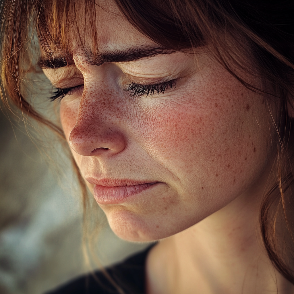 An upset woman with her eyes closed | Source: Midjourney