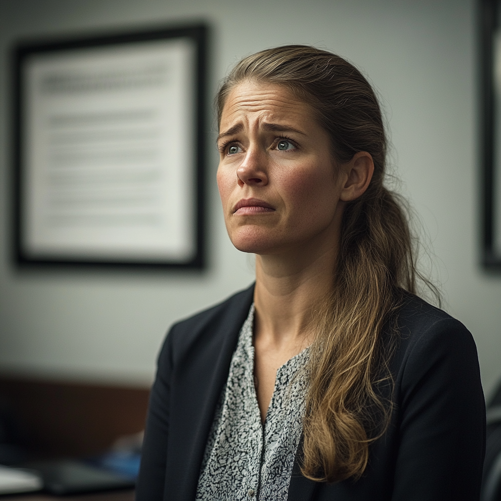 An emotional and teary-eyed woman standing in a lawyers office | Source: Midjourney