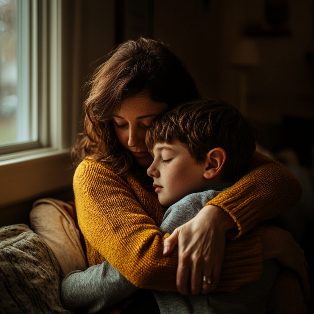 A woman hugging her son | Source: Midjourney