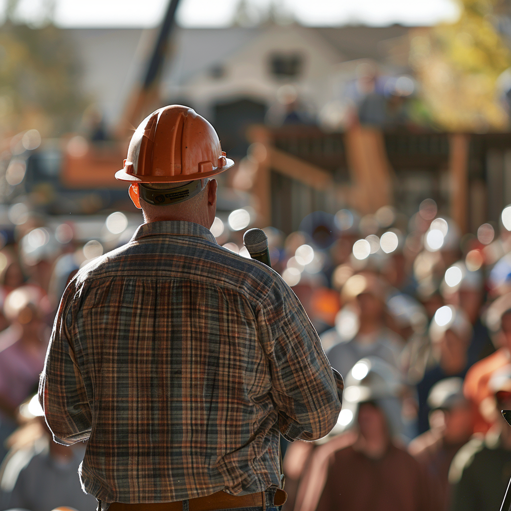 A construction worker facing a crowd | Source: Midjourney