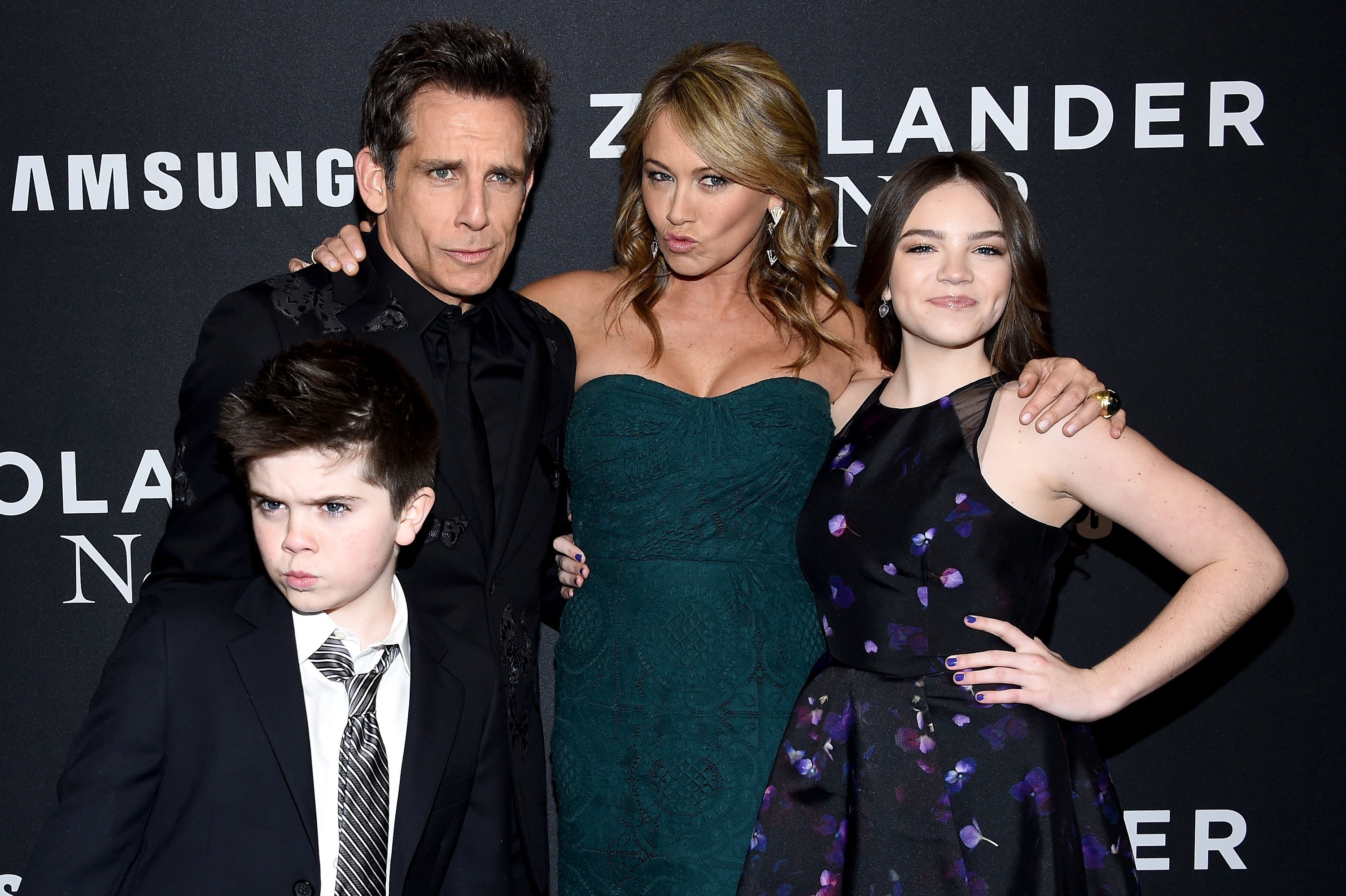 Quinlin Stiller, Ben Stiller, Christine Taylor and Ella Stiller attend the "Zoolander 2" World Premiere at Alice Tully Hall on February 9, 2016, in New York City. | Source: Getty Images.