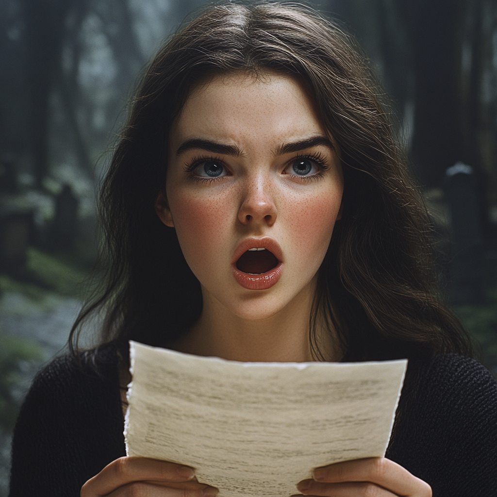 A startled woman holding a piece of paper in a cemetery | Source: Midjourney