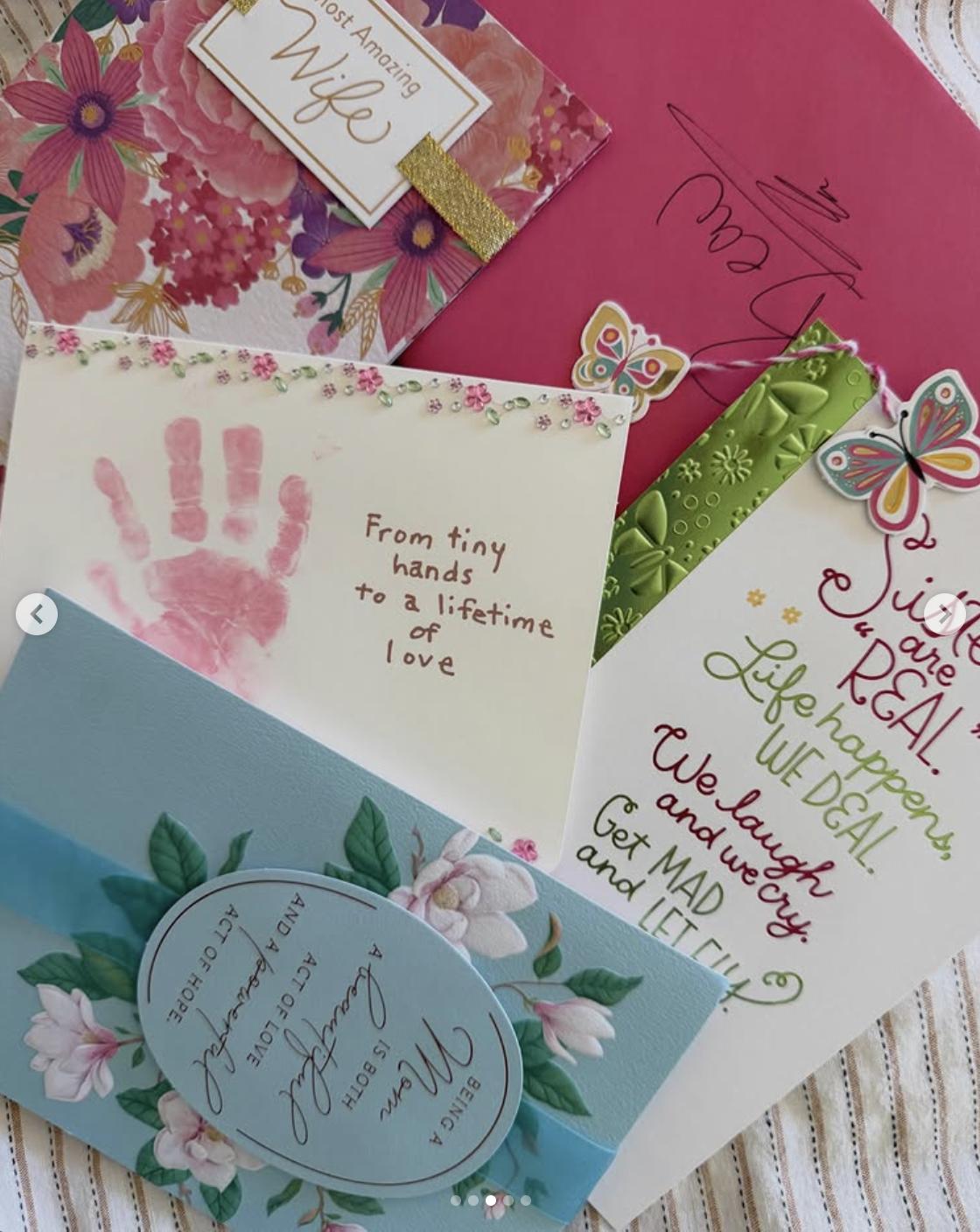 Mother's Day cards and gifts, including a handprint card, laid out together, posted on May 11, 2026 | Source: Instagram/haileesteinfeld