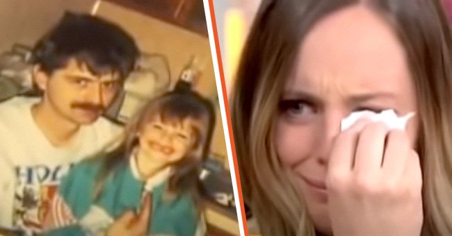 [Left] Katheryn Deprill and her adoptive father when she was a toddler; [Right] An emotional photo of Katheryn Deprill. | Source:  youtube.com/Jaguarnote