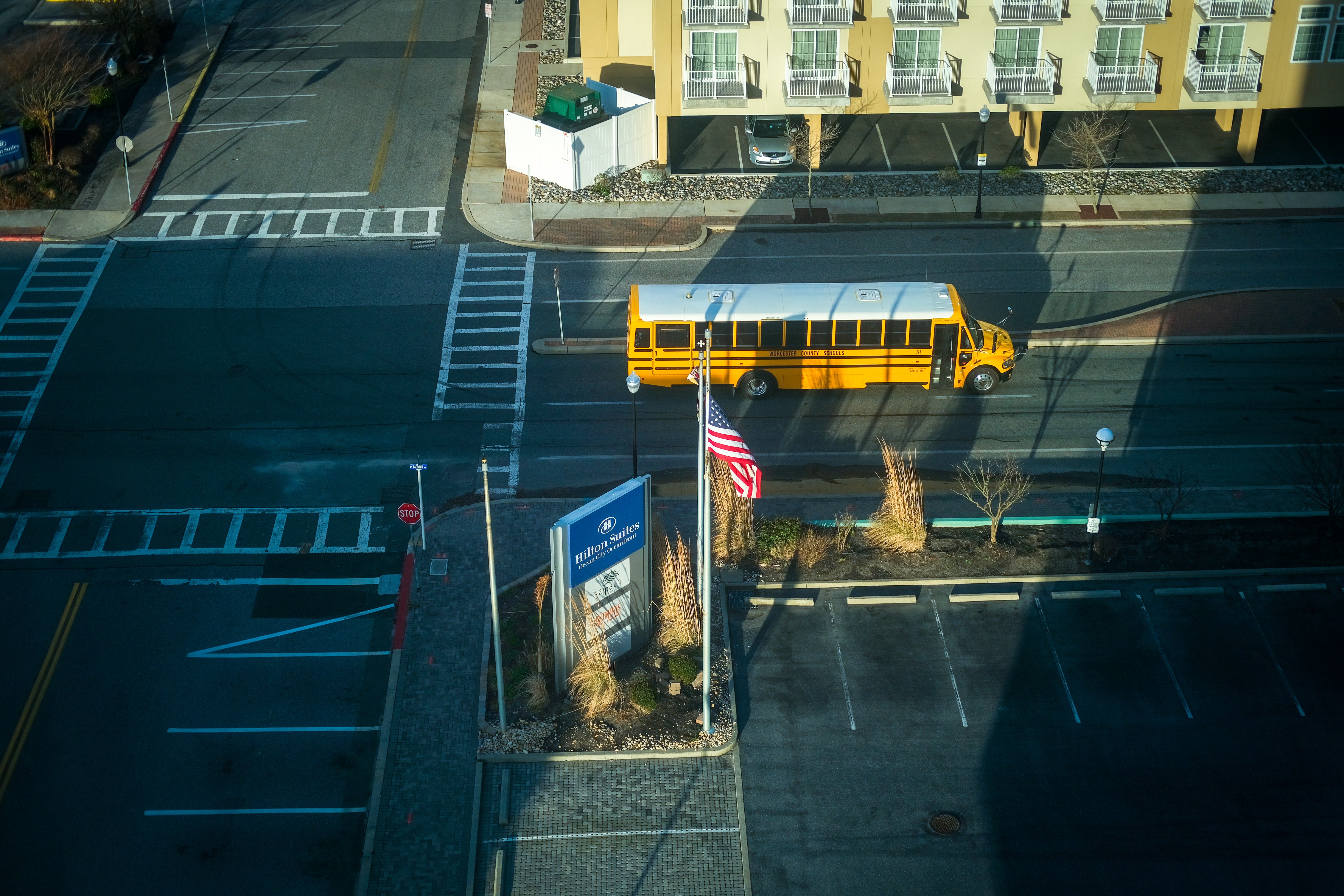 Toma aérea de un autobús escolar transitando a través de una avenida. | Foto: Pexels