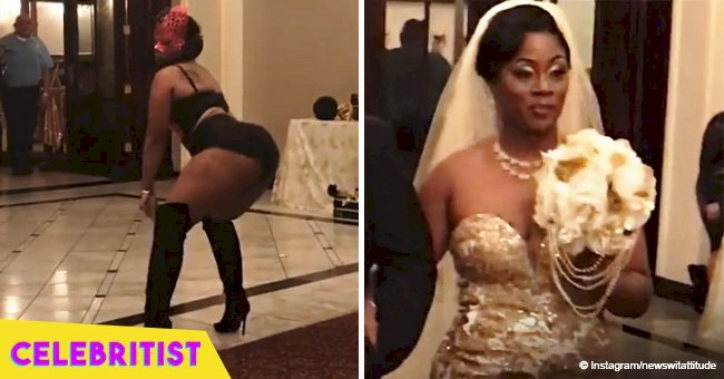 Unbashful bride twerks in skimpy outfit and Mardi Gras mask during her wedding reception