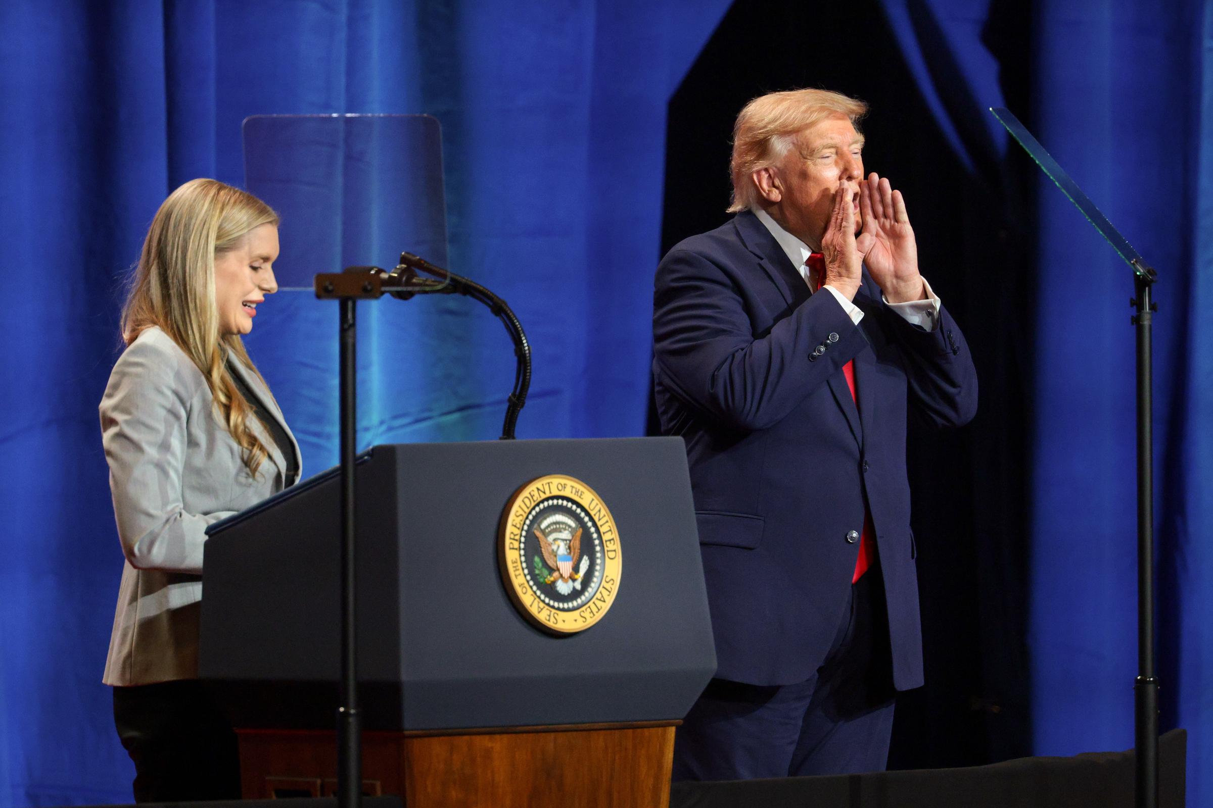 Donald Trump made a joke about President Biden as a speaker delivered remarks at Red Rock Casino Resort and Spa on August 5, 2026, in Las Vegas, Nevada. | Source: Getty Images