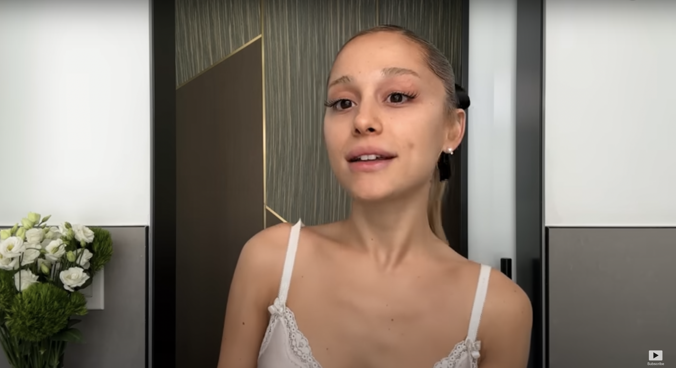 A screenshot from a clip of Ariana Grande discussing her skin care routine for Vogue, publsihed on September 13, 2023 | Source: Youtube/vogue