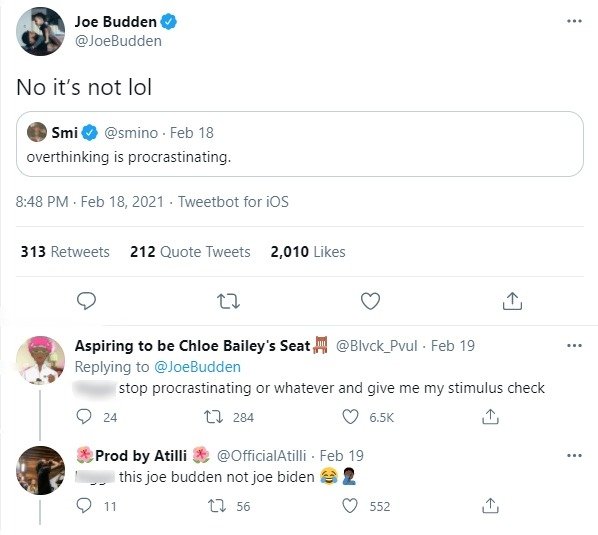 A screenshot of the hilarious exchange under former rapper Joe Budden's tweet. | Photo: twitter.com/JoeBudden