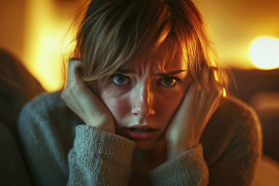 An annoyed woman sitting on the couch | Source: Midjourney