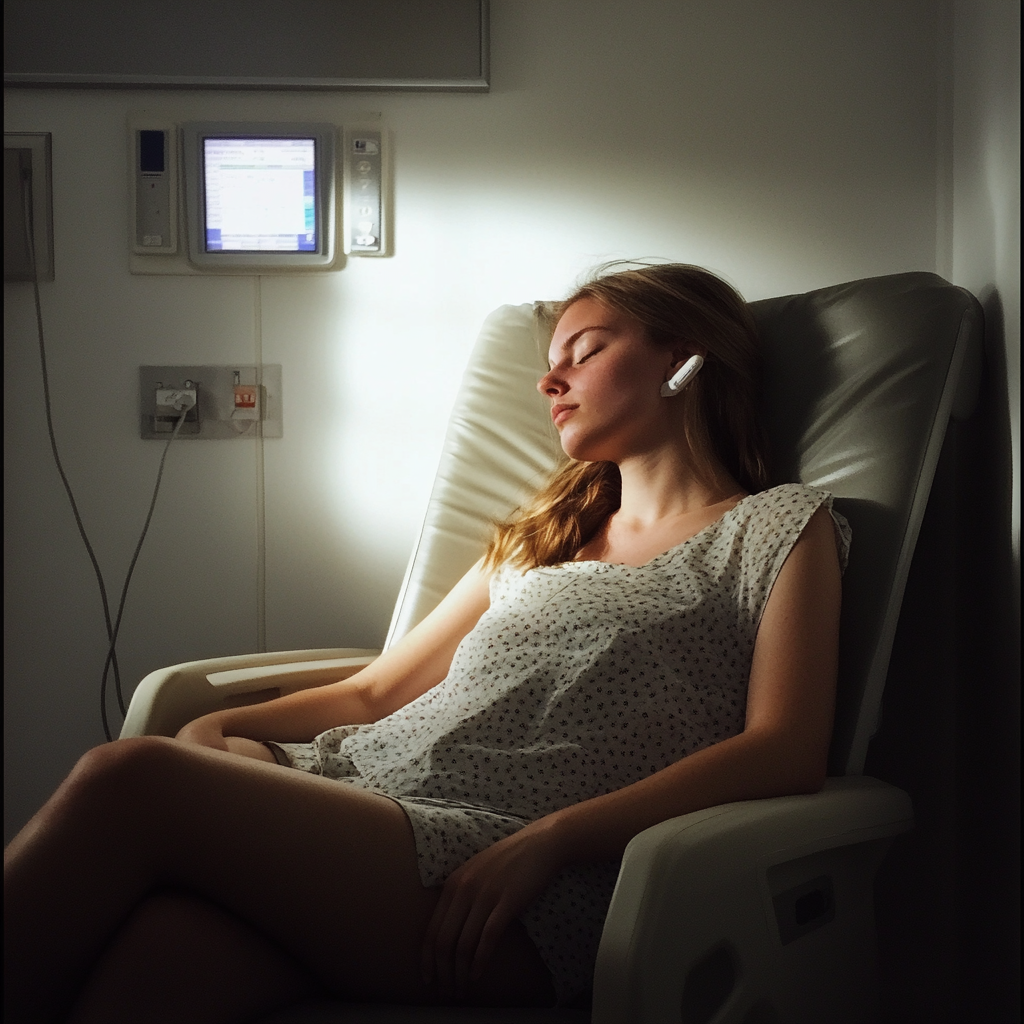 A young woman sleeping in a hospital chair | Source: Midjourney