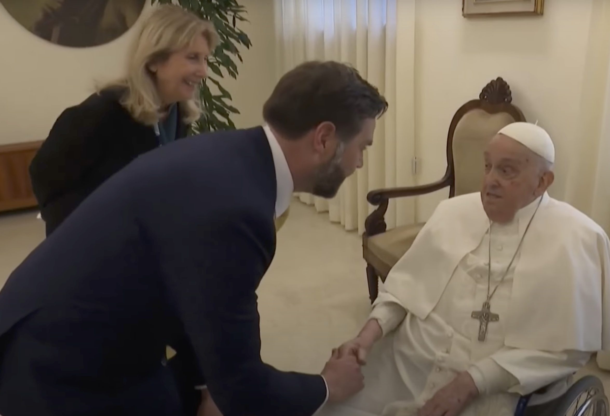 A screenshot of JD Vance and Pope Francis greeting each other from a video dated April 20, 2025. | Source: YouTube/AFP News Agency