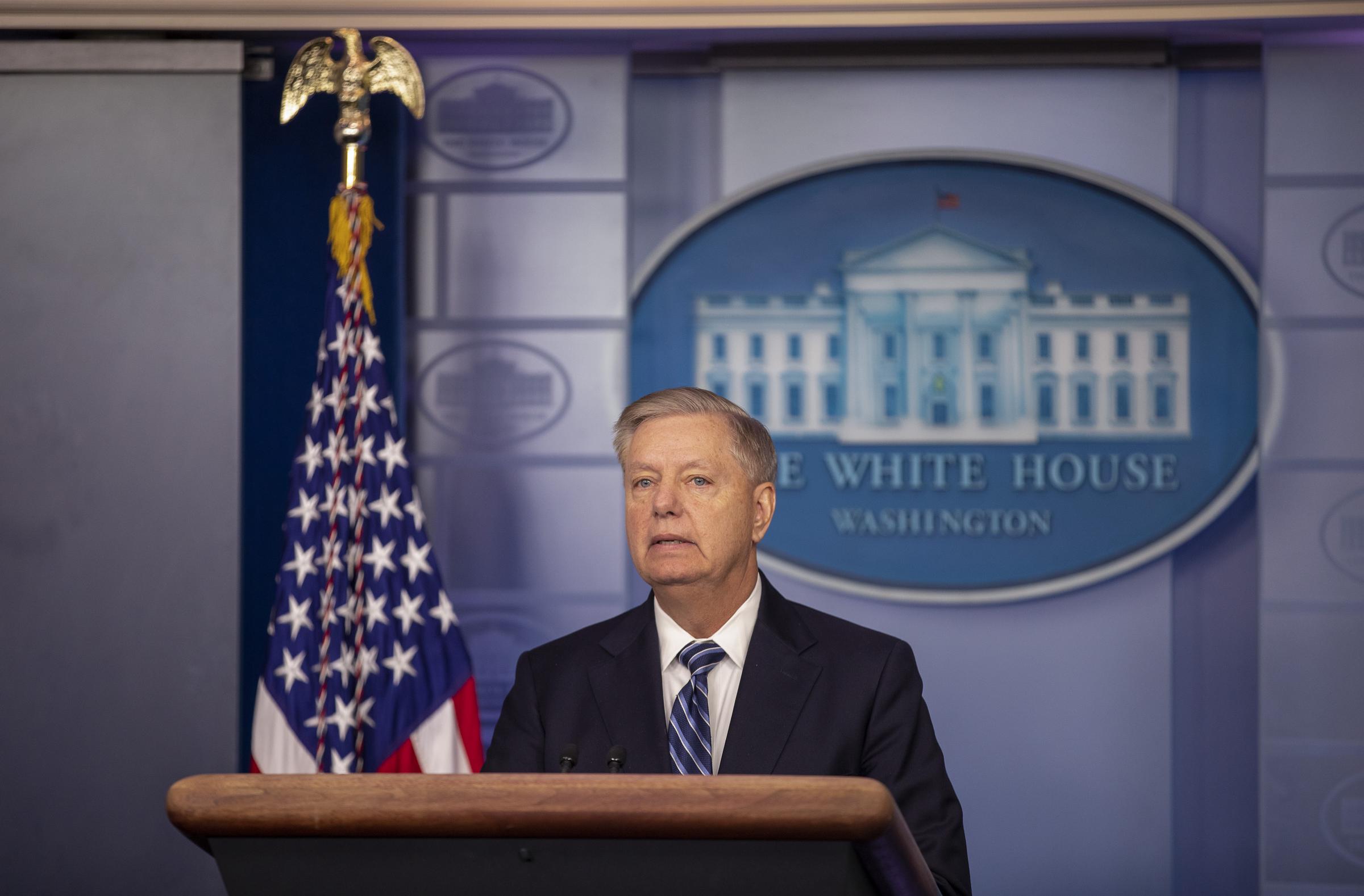 Lindsey Graham speaks to reporters at the White House following remarks on a major counterterrorism operation. The appearance highlighted his prominent role in national security discussions and his status as one of the administration's most visible Senate allies. | Source: Getty Images