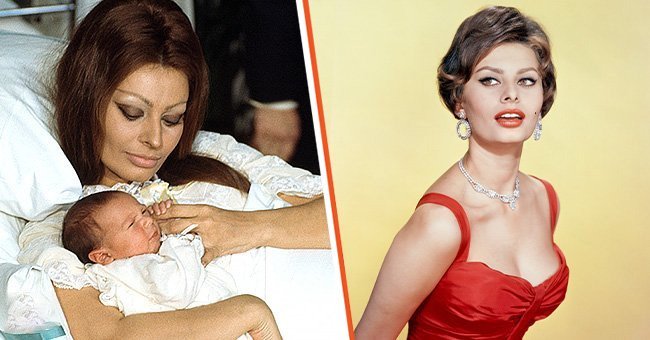 Sophia Loren tras el nacimiento de su primer hijo, Carlo Ponti Jr. [Izquierda]; Sophia Loren luciendo un vestido rojo [Derecha]. | Foto: Getty Images
