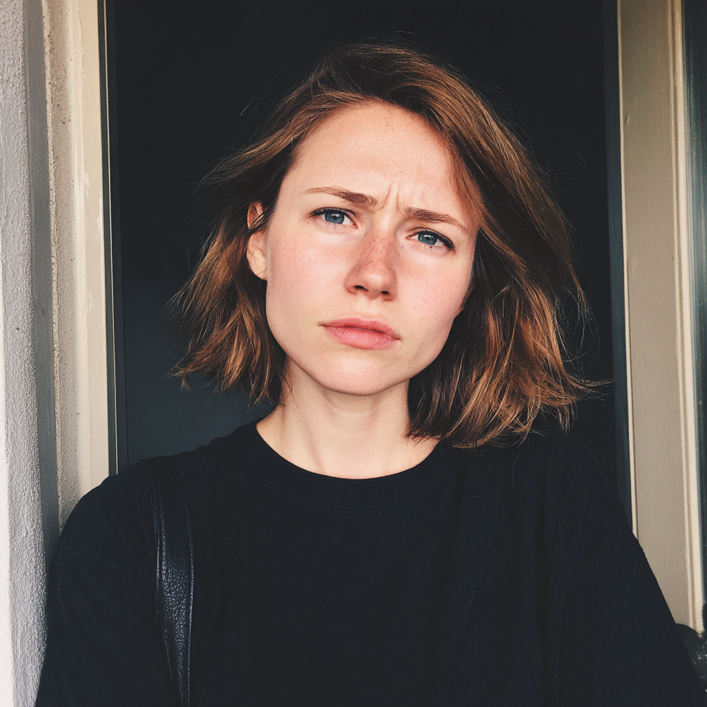 A frowning woman standing at her front door | Source: Midjourney