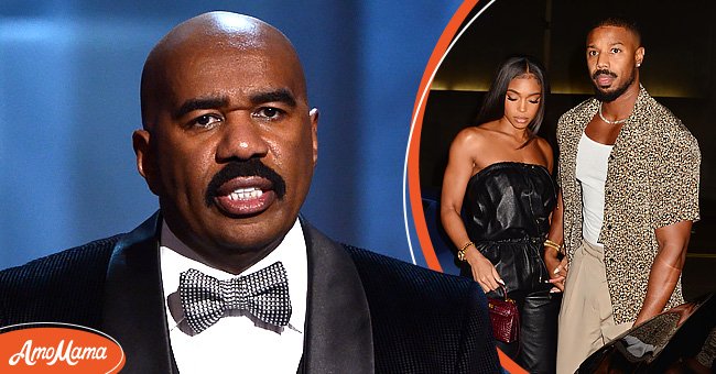 Left: "Family Feud" host Steve Harvey : Right: Michael B. Jordan and Lori Harvey are seen on August 20, 2021 in Los Angeles, California. | Source: Getty Images