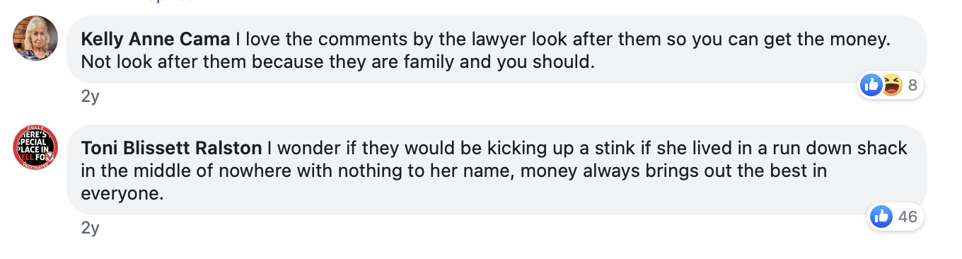 Internetnutzer/innen teilen ihre Meinung über das Gerichtsurteil, das den Nachlass der älteren Frau an ihre Nachbarn übergibt. | Quelle: facebook.com/ACurrentAffair9