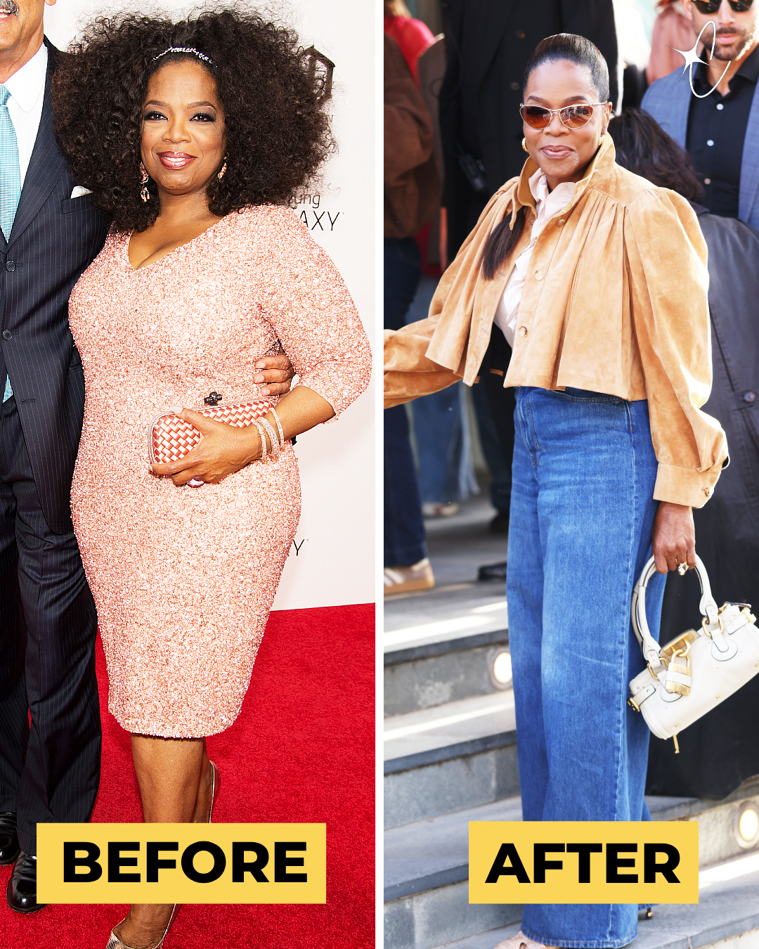 BEFORE: Oprah Winfrey at "The Butler" premiere at Ziegfeld Theater on August 5, 2013 in New York City | AFTER: At the Chloé Womenswear Fall/Winter 2026-2027 show as part of Paris Fashion Week on March 5, 2026, in France | Source: Getty Images