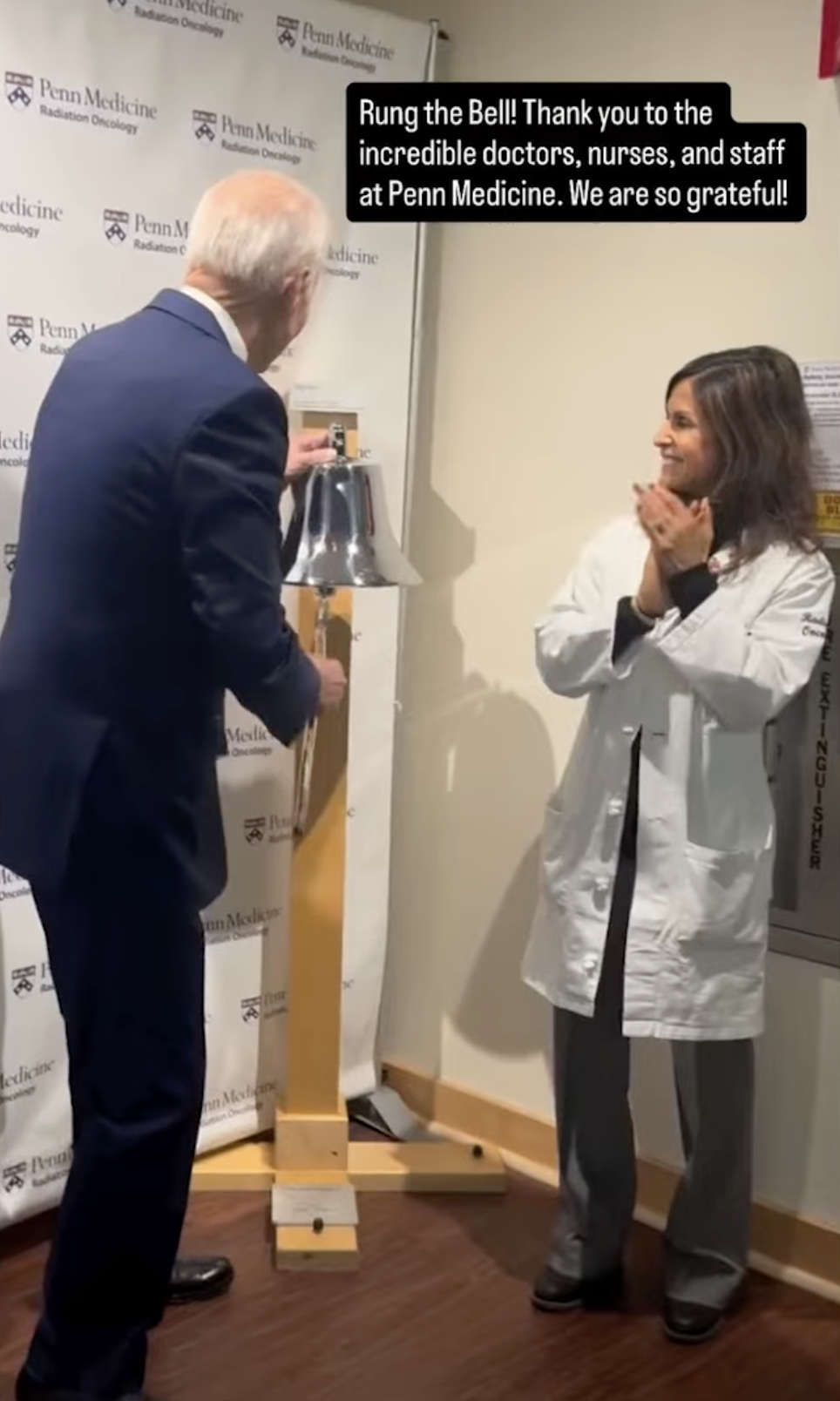 Joe Biden rings the bell at Penn Medicine after completing a round of radiation therapy | Source: Instagram/ashleyblazerbiden