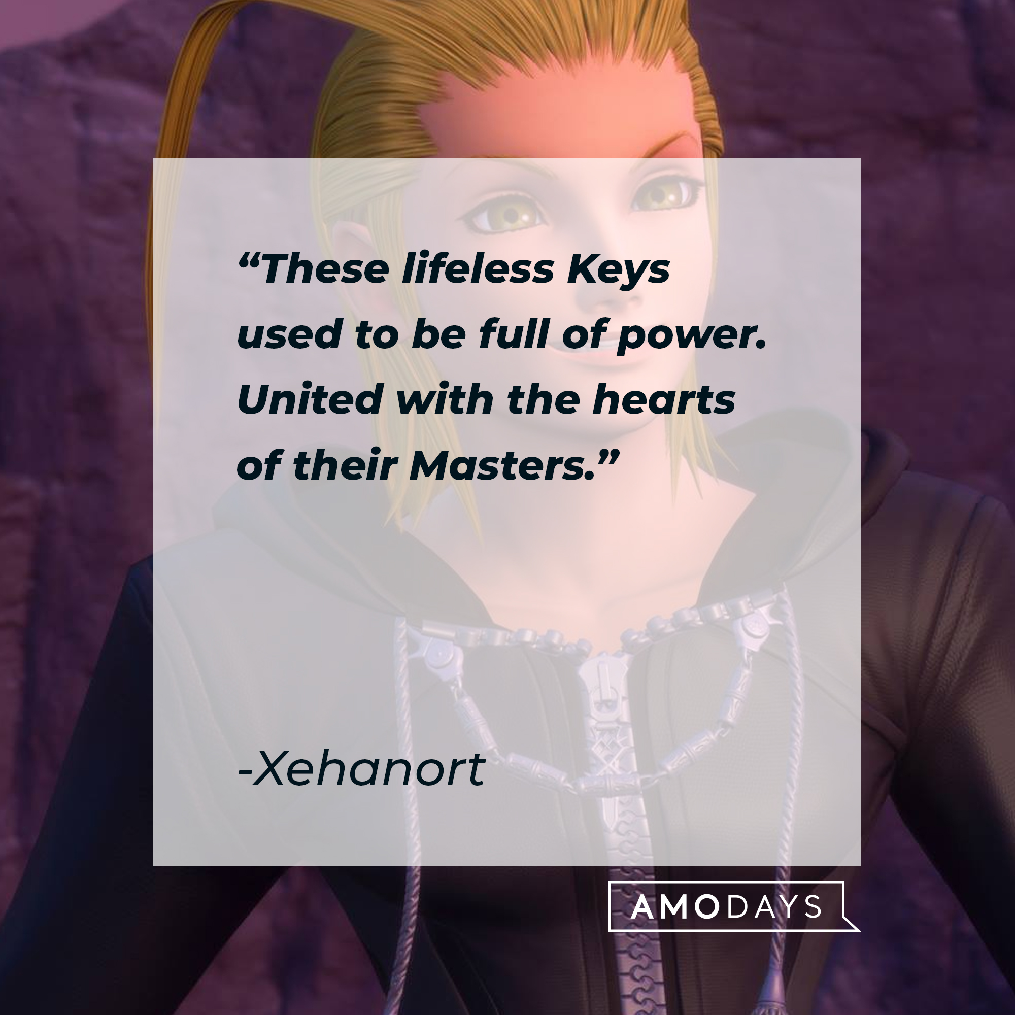 An image of Larxene with Xehanort’s quote: "Behold. These lifeless Keys used to be full of power. United with the hearts of their Masters." | Source: facebook.com/KingdomHearts