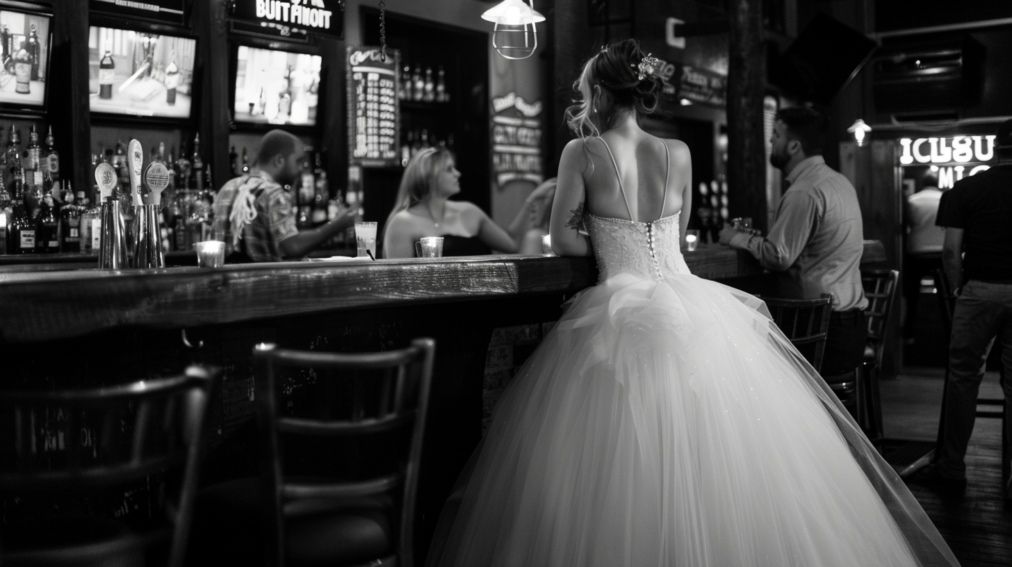 A Woman in wedding dress at the bar | Source: Midjourney