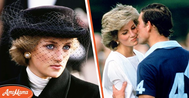[Left] Diana, Princess of Wales (1961 - 1997) attends the Armistice Day wreath-laying ceremony on 11th November 1988 ; [Right] Prince Charles,The Prince of Wales kissing Princess Diana at prizegiving after a polo match at Cirencester. | Photo: Getty Images
