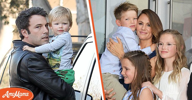 Ben Affleck sur une photo portant son enfant. [Gauche] | Jennifer Garner, l'ex-femme de Ben Affleck, sur une photo avec ses trois enfants. [Droite] | Photo : Getty Images